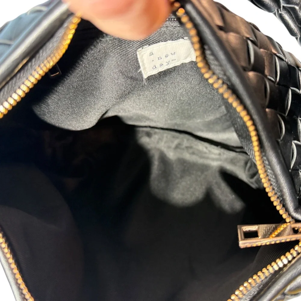 A New Day Woven Knot Handle Handbag Women Small Black Faux Leather Hobo Bag